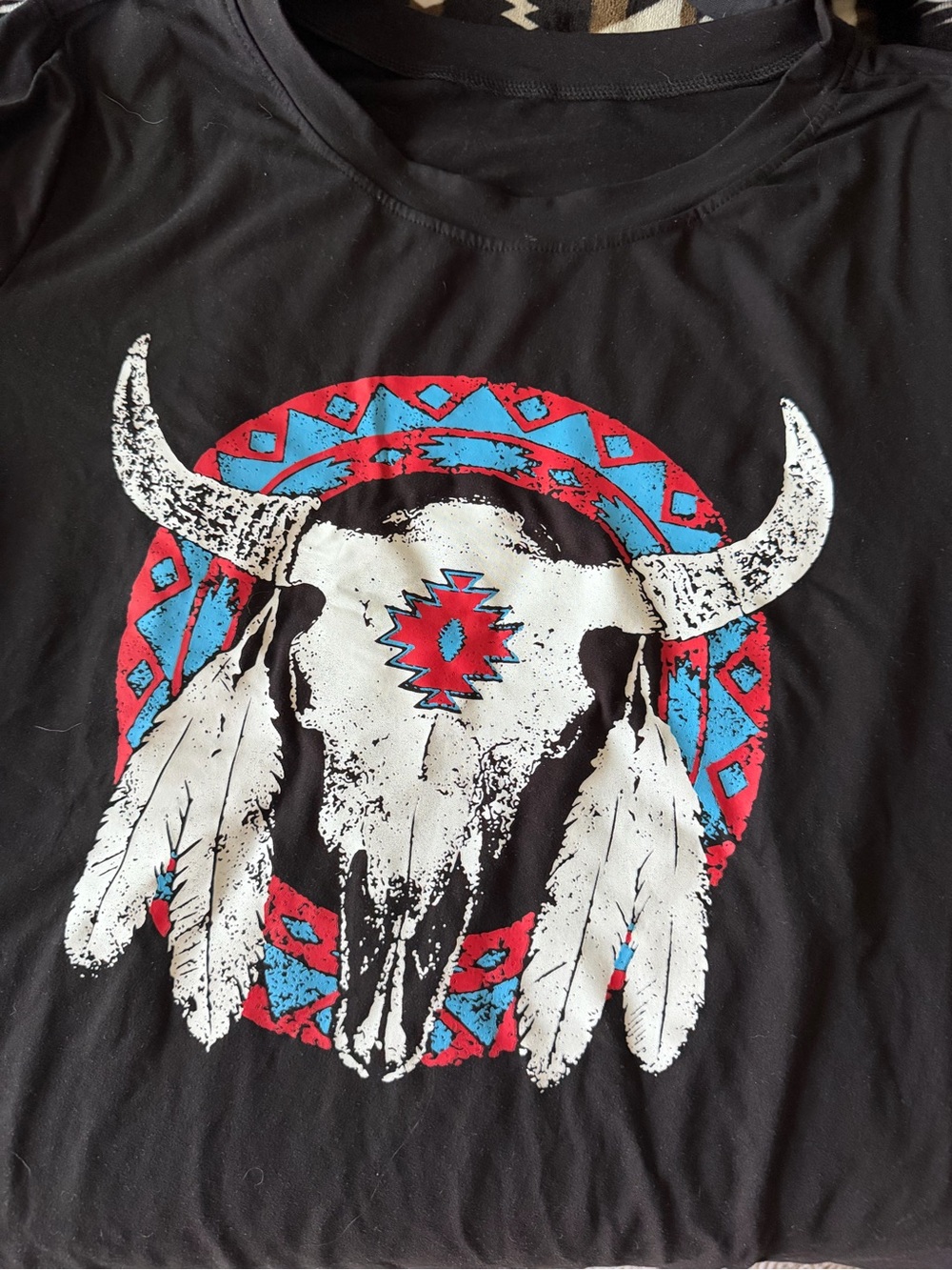 Black Graphic Tee with Bull Skull and Tribal Print